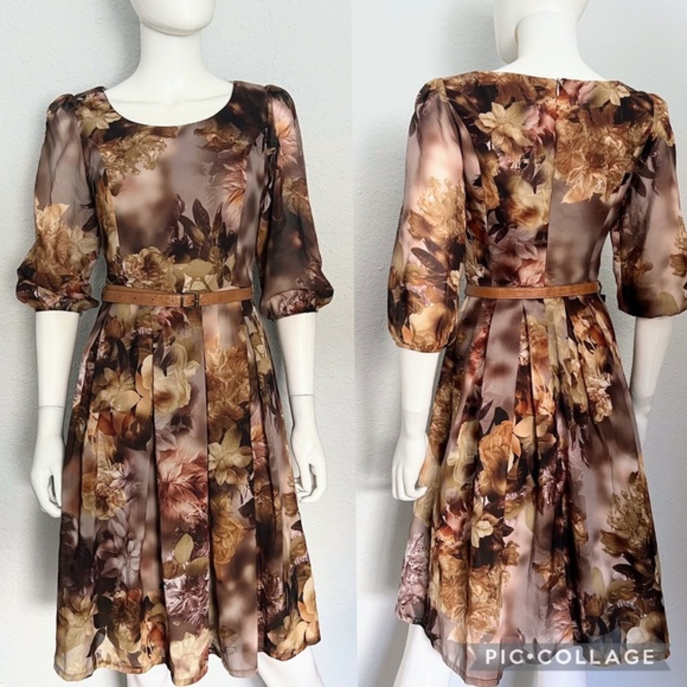 SALE💥NWT WOMEN SHIFFON DRESS KNEE-LENGTH 3/4 SHEER SLEEVES BELTED FLORAL PRINT